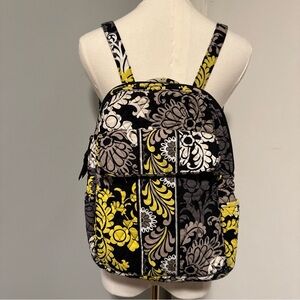 Vera Bradley Quilted Backpack Black Yellow Floral 14”x9.5” Multi-Pocket